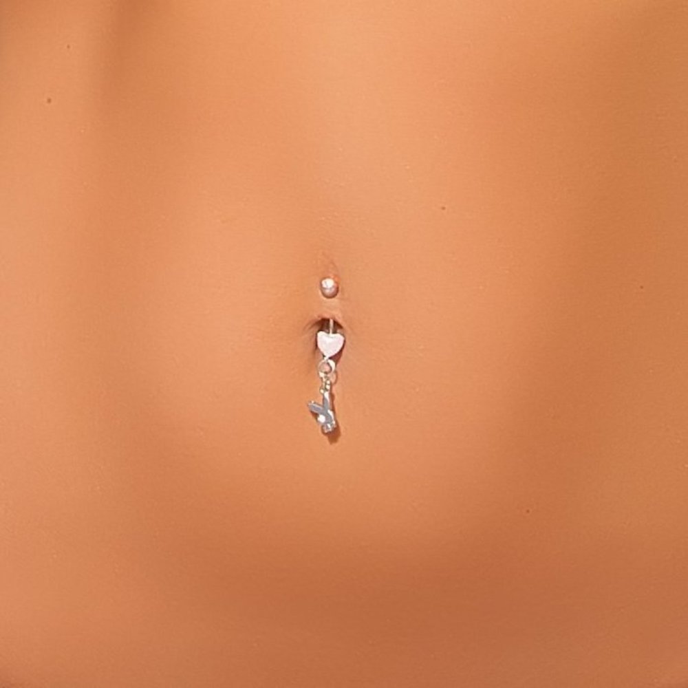Playboy Belly Ring Pink Heart Bunny Dangle Body Jewelry Swarovski Crystal NWT xo - Picture 3 of 6